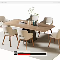 Modern Wooden Dining Table Set With Six Light Colored Chairs Green Plant And Books