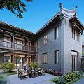 Chinese Style Detached Villa With Gray Tiled Roof Wooden Structure And Green Courtyard