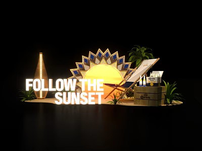 Follow The Sunset Themed Decor With Sun Shaped Structure Palm Trees And Wooden Crate 3d model