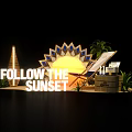 Follow The Sunset Themed Decor With Sun Shaped Structure Palm Trees And Wooden Crate