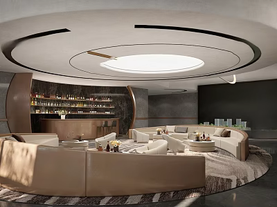 Modern Sales Office Interior With Circular Ceiling Skylight Bar Counter Wine Rack And Beige Sofas 3d model