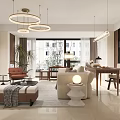 Modern Living Dining Room Interior With Beige Sofa Coffee Table Round Chandelier Bookshelf And Area Rug