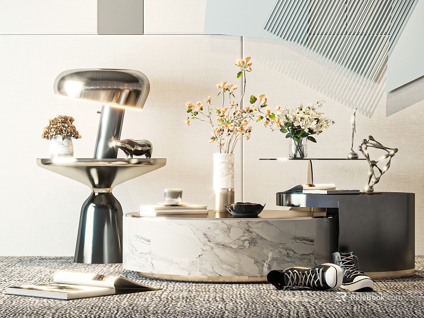 Elegant Modern Coffee Table With Marble Top Vase Flowers And Table Lamp 3d model 