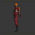 3D Model of Worker in Red Uniform With Orange Safety Helmet Standing Against Gray Background