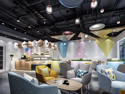 Colorful Modern Dessert Shop Interior With Geometric Walls Comfortable Seating And Hanging Lamps 3d model