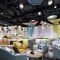 Colorful Modern Dessert Shop Interior With Geometric Walls Comfortable Seating And Hanging Lamps