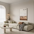 Modern Living And Dining Room Interior With Beige Sofa Arched Window And Decorative Painting