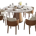 Round Marble Top Dining Table Set With Six Chairs Yellow Flower Vase And Tableware 3d model