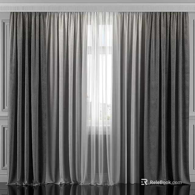 Gray Heavy Curtains With Sheer White Layers For Elegant Home Window Treatment 3d model 