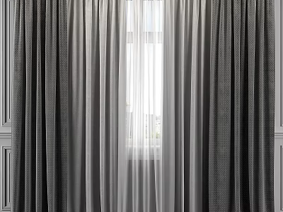 Gray Heavy Curtains With Sheer White Layers For Elegant Home Window Treatment 3d model