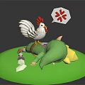 Green Clad Character Lying on Green Ground With White Rooster Speech Bubble Four Leaf Clover