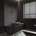 Modern Bathroom With Dark Marble Walls Black Freestanding Bathtub And Window Blinds