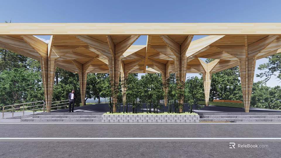 Wooden Canopy Structure With Open Air Design Supporting Columns And Trees 3d model 