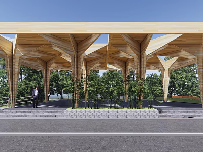 Wooden Canopy Structure With Open Air Design Supporting Columns And Trees 3d model