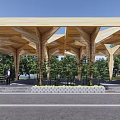 Wooden Canopy Structure With Open Air Design Supporting Columns And Trees 3d model