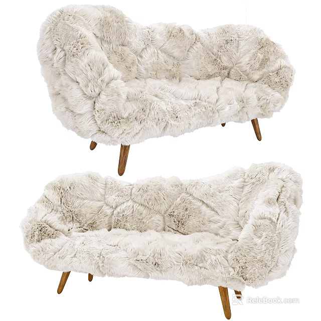 Plush Ivory Fur Sofa With Cozy Design And Sturdy Wooden Legs 3d model 