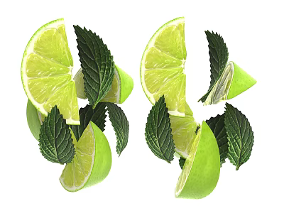 Fresh Vibrant Green Lime Slices And Whole Fruits With Mint Leaves 3d model