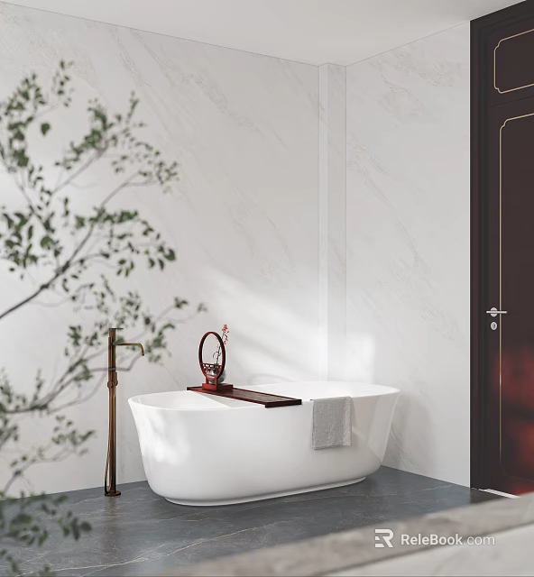 Bathroom Interior Design With White Bathtub Marble Walls Gold Faucet And Green Plant 3d model 