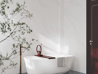 Bathroom Interior Design With White Bathtub Marble Walls Gold Faucet And Green Plant 3d model