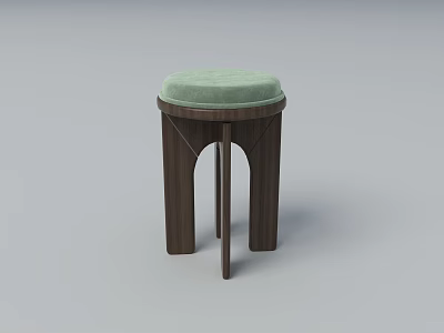 Modern Stool With Green Padded Seat And Dark Wooden Arched Legs 3d model