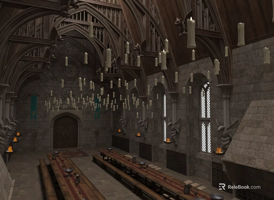 Medieval Great Hall Interior With High Vaulted Stone Ceiling Wooden Beams And Hanging Candle Chandeliers 3d model 