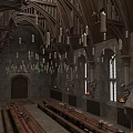 Medieval Great Hall Interior With High Vaulted Stone Ceiling Wooden Beams And Hanging Candle Chandeliers