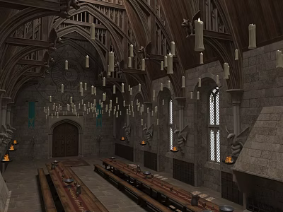 Medieval Great Hall Interior With High Vaulted Stone Ceiling Wooden Beams And Hanging Candle Chandeliers 3d model