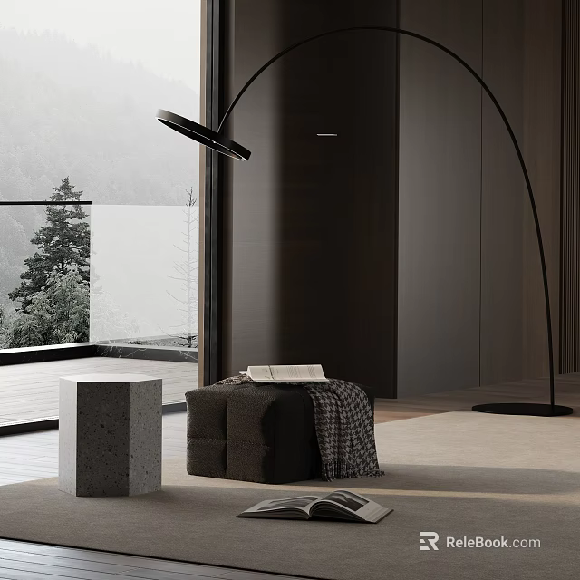 Comfortable Modern Lounge Chair in Cozy Indoor Space with Floor Lamp and Scenic View 3d model 