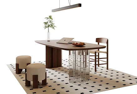 Modern Middle-ancient Style Desk and Chair Combination Modern Desk and Chair Acrylic Desk Study Chandelier Type Chandelier Desk Ornaments Vase Green Planting Solid Wood Desk and Chair 3d model