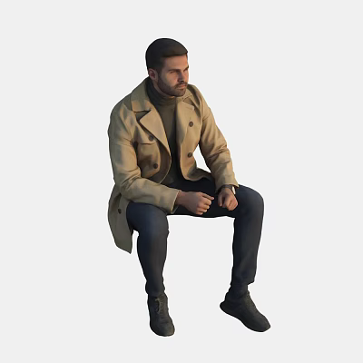 A Man Sitting Casually Wearing Beige Coat With Dark Pants And Wrist Watch 3d model