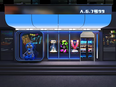 Modern Restaurant Exterior With Neon Lights Window Display And Cartoon Decor 3d model