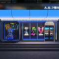 Modern Restaurant Exterior With Neon Lights Window Display And Cartoon Decor