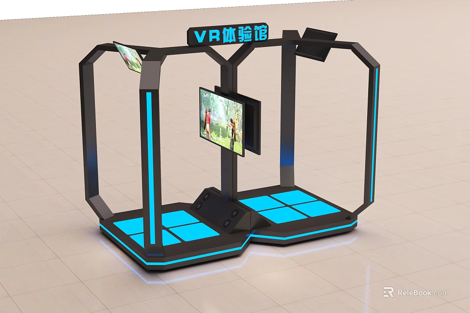 Digital Store VR Experience Station with Multiple Screens Blue Lighting and Black Frame 3d model 