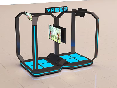 Digital Store VR Experience Station with Multiple Screens Blue Lighting and Black Frame 3d model