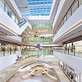 Bright Shopping Mall Atrium With Multi Level Floors Escalators Green Plants And Shoppers