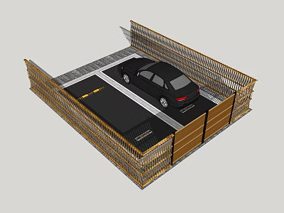 Parking Lot With Wooden Fence Black Car And White Parking Lines 3d model