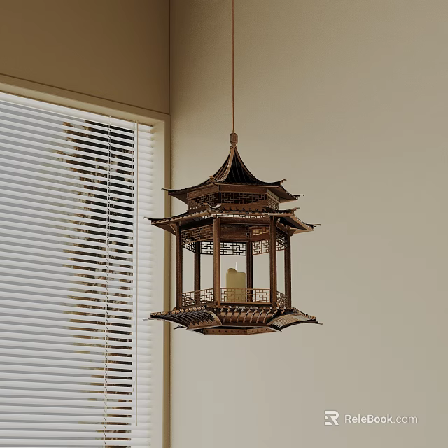 Traditional Chinese Wooden Chandelier with Multi Tiered Carved Design near Window with Blinds 3d model 