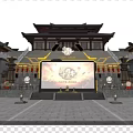 Traditional Chinese Architecture Cultural Stage With Large Screen Red Lanterns Green Trees And Night Moon