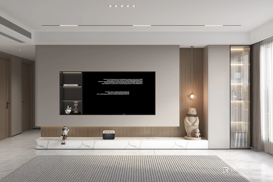 Modern Minimalist TV Wall Design With Wooden Panels Marble Platform And Decorative Sculptures 3d model 