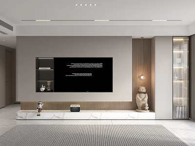 Modern Minimalist TV Wall Design With Wooden Panels Marble Platform And Decorative Sculptures 3d model