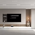 Modern Minimalist TV Wall Design With Wooden Panels Marble Platform And Decorative Sculptures