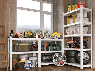 Sturdy White Garage Storage Shelves With Tools Cans Tires And Wheels 3d model