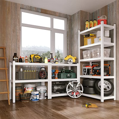 Sturdy White Garage Storage Shelves With Tools Cans Tires And Wheels 3d model