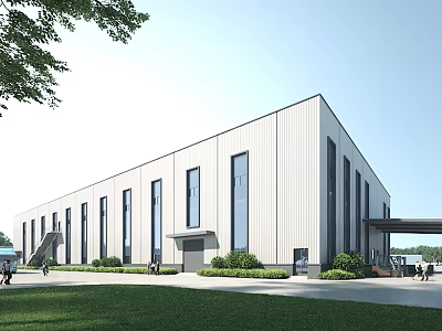 Modern Industrial Factory Building Featuring White Exterior Large Windows Green Lawn And People Around 3d model