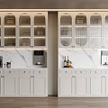 Modern White Wine Cabinet With Arched Glass Doors Interior Lighting Marble Countertop And Wine Bottles