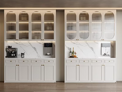 Modern White Wine Cabinet With Arched Glass Doors Interior Lighting Marble Countertop And Wine Bottles 3d model