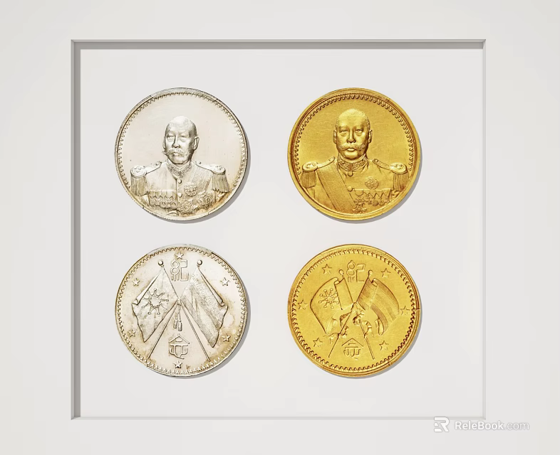 Decorative Ornament Set With Four Silver Gold Coins Portrait And Flags In Display Case 3d model 