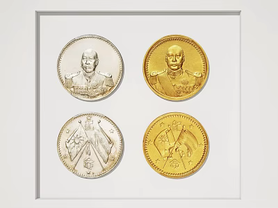 Decorative Ornament Set With Four Silver Gold Coins Portrait And Flags In Display Case 3d model
