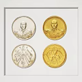 Decorative Ornament Set With Four Silver Gold Coins Portrait And Flags In Display Case