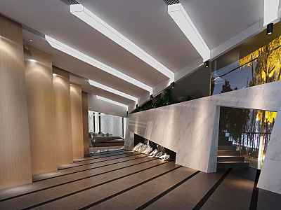 Modern Sales Office Interior Design With Wooden Walls Marble Staircase Ceiling Lights And Greenery 3d model